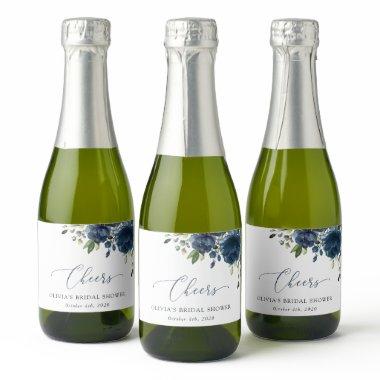 Navy Blue Flowers, Greenery, Boho,  Sparkling Wine Label