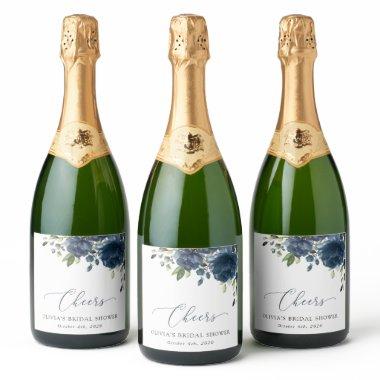 Navy Blue Flowers, Greenery, Boho,  Sparkling Wine Label