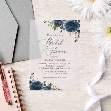 Navy Blue Flowers, Greenery, Boho,  Vellum