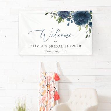 Navy Blue Flowers, Greenery, Boho, Bridal Welcome Banner