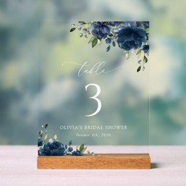 Navy Blue Flowers, Greenery, Boho, Table Numbers Acrylic Sign