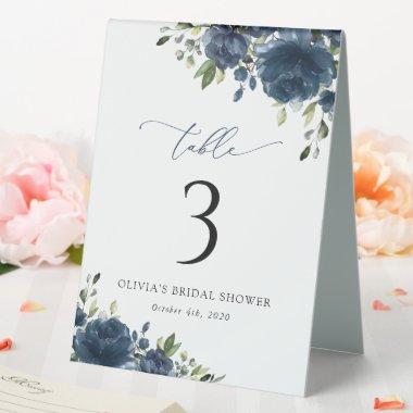 Navy Blue Flowers, Greenery, Boho, Table Numbers Table Tent Sign
