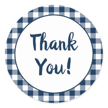 Navy Blue Gingham Thank You Classic Round Sticker