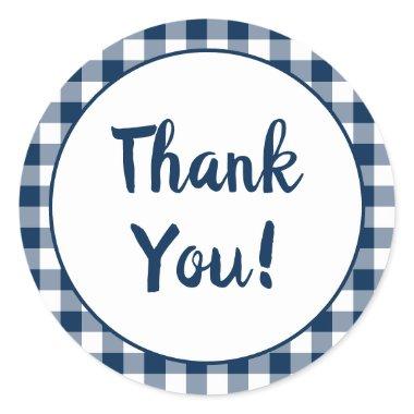 Navy Blue Gingham Thank You Classic Round Sticker