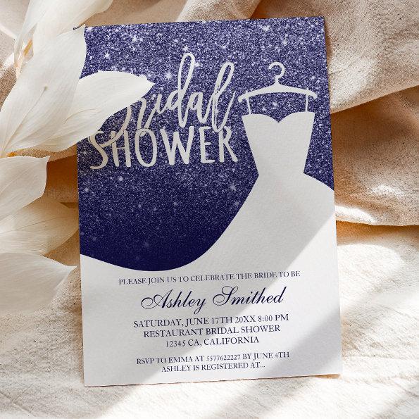 Navy blue glitter elegant chic dress Bridal shower Invitations