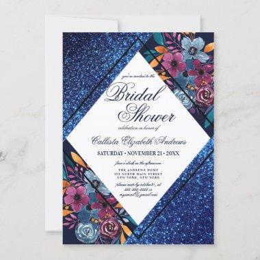 Navy Blue Glitter Floral Watercolor Bridal Shower Invitations