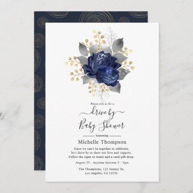 Navy Blue, Gold and Silver Floral Drive By Shower Invitations