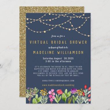 Navy Blue Gold Boho Floral Virtual Bridal Shower Invitations