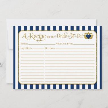 Navy Blue Gold Bridal Shower Recipe Invitations