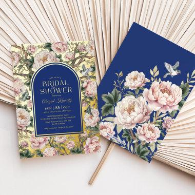 Navy Blue Gold Chinoiserie Flowers Bridal Shower Foil Invitations