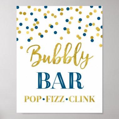 Navy Blue Gold Confetti Bubbly Bar Sign