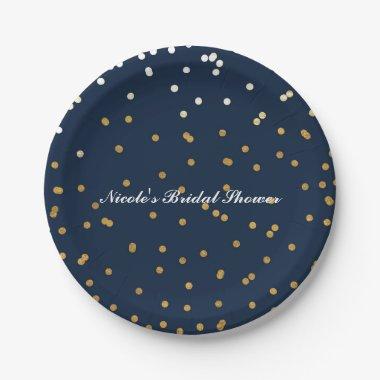 Navy Blue & Gold Confetti Dots Modern Chic Paper Plates