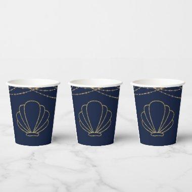 Navy Blue & Gold Elegant Beach Sea Shell Wedding Paper Cups