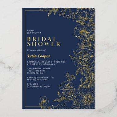 Navy Blue & Gold | Elegant Floral Bridal Shower Foil Invitations