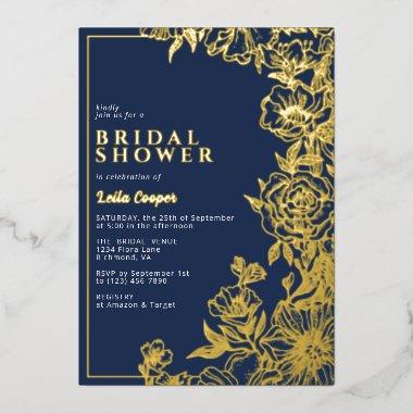 Navy Blue & Gold | Elegant Floral Bridal Shower Foil Invitations