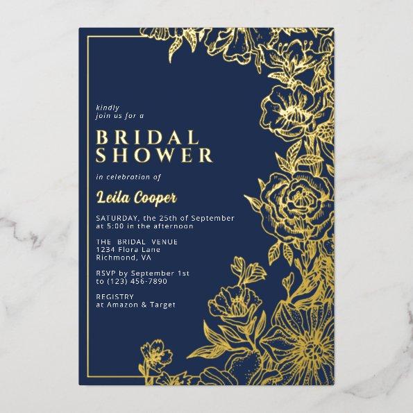 Navy Blue & Gold | Elegant Floral Bridal Shower Foil Invitations