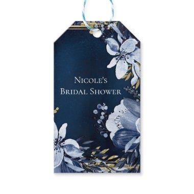 Navy Blue & Gold Elegant Modern Watercolor Floral Gift Tags