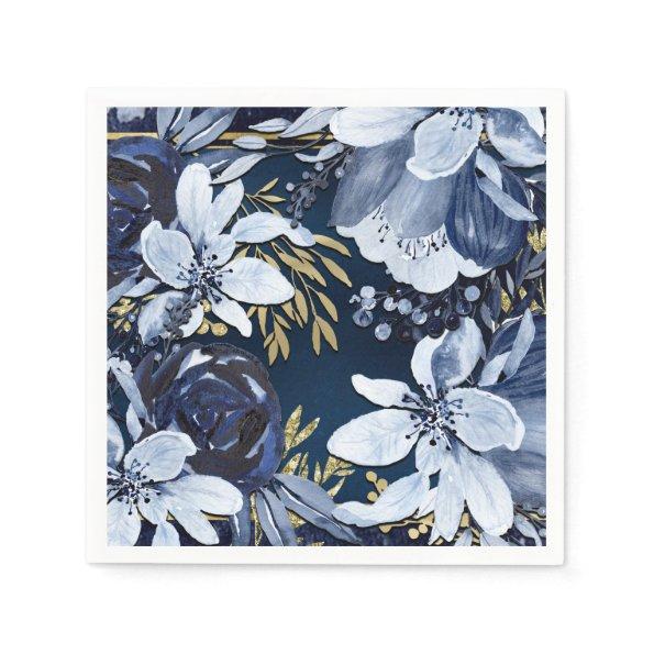 Navy Blue & Gold Elegant Modern Watercolor Floral Napkins