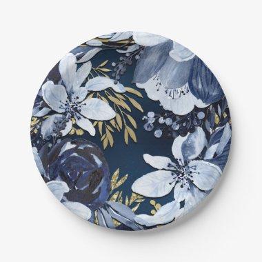 Navy Blue & Gold Elegant Modern Watercolor Floral Paper Plates