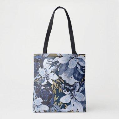 Navy Blue & Gold Elegant Modern Watercolor Floral Tote Bag