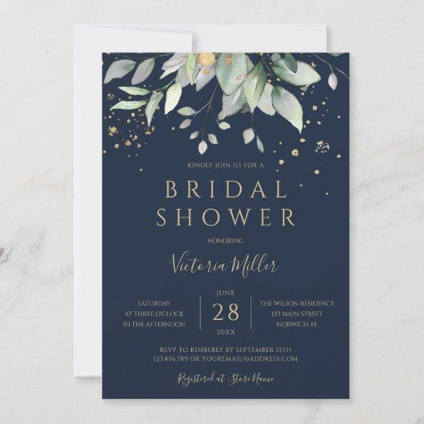 Navy Blue Gold Eucalyptus Greenery Bridal Shower Invitations