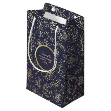 Navy Blue Gold Floral Bridal Shower Thank You Small Gift Bag