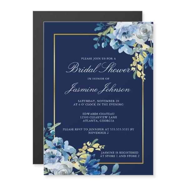 Navy Blue Gold Floral Elegant Bridal Shower Magnetic Invitations