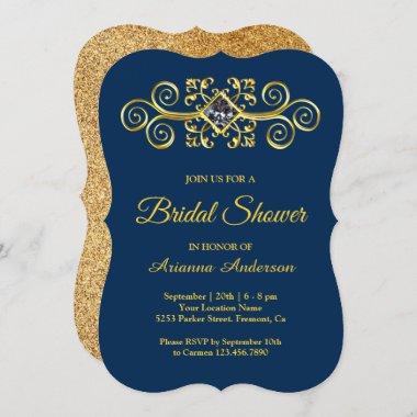 Navy Blue Gold Flourish Diamond Bridal Shower Invitations