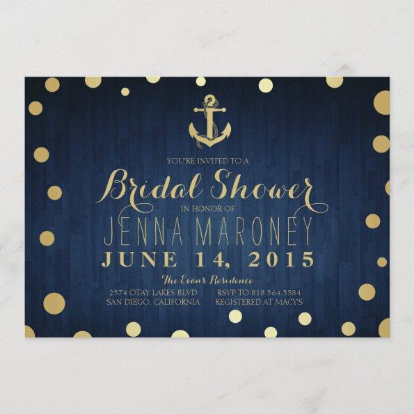 Navy Blue Gold Foil Anchor Nautical Bridal Shower Invitations