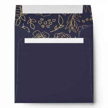 Navy Blue | Gold Foil Floral Wedding Envelope