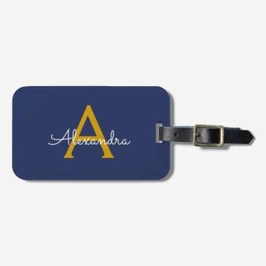 Navy Blue Gold Girly Script Monogram Name Modern Luggage Tag