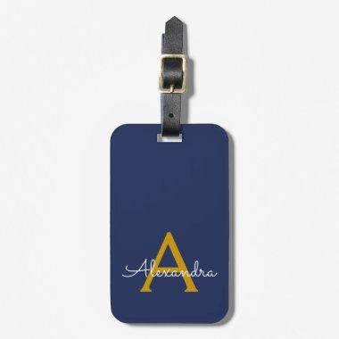 Navy Blue Gold Girly Script Monogram Name Modern Luggage Tag