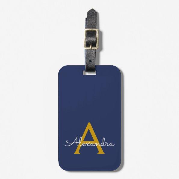 Navy Blue Gold Girly Script Monogram Name Modern Luggage Tag