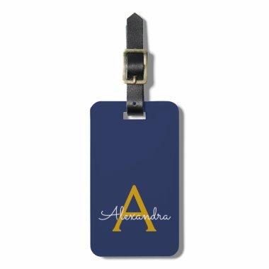 Navy Blue Gold Girly Script Monogram Name Modern Luggage Tag