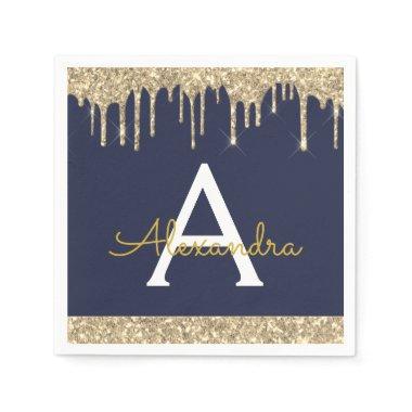Navy Blue Gold Glitter Black Monogram Birthday Napkins