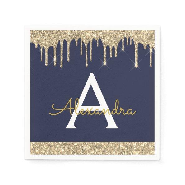 Navy Blue Gold Glitter Black Monogram Birthday Napkins