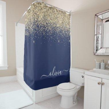 Navy Blue Gold Glitter Girly Monogram Name Shower Curtain