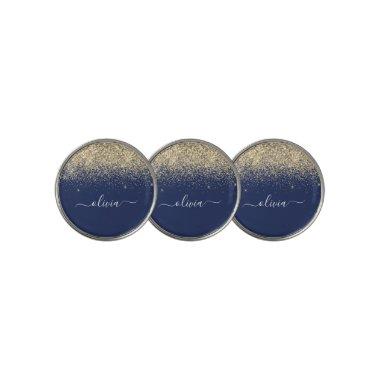 Navy Blue Gold Glitter Metal Monogram Name Golf Ball Marker
