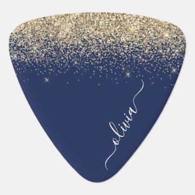 Navy Blue Gold Glitter Metal Monogram Name Guitar Pick