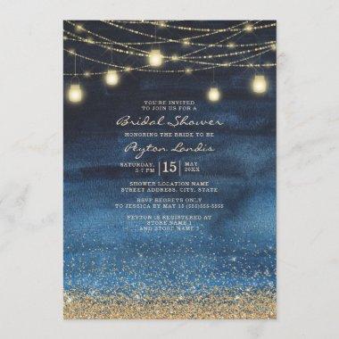 Navy Blue Gold Glitter String Light Bridal Shower Invitations