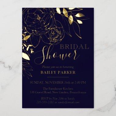 Navy Blue & Gold Modern Floral Peony Bridal Shower Foil Invitations