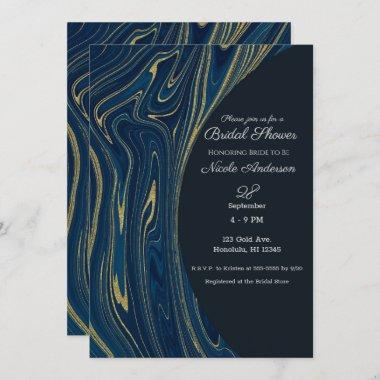Navy Blue & Gold Modern Glam Marble Bridal Shower Invitations