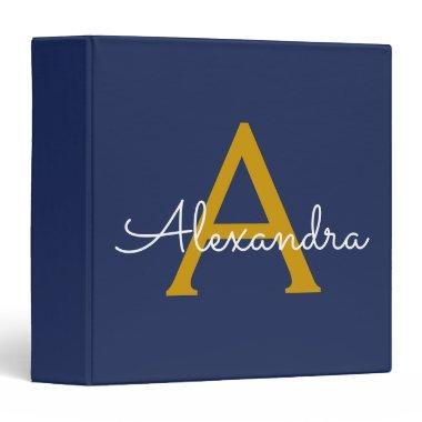 Navy Blue Gold Modern Script Girly Monogram Name 3 Ring Binder