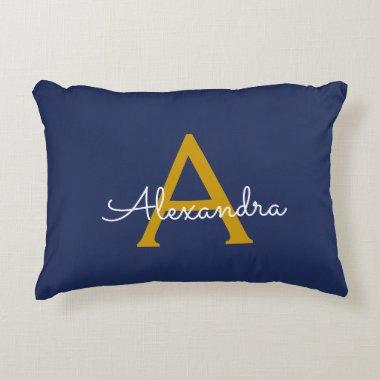 Navy Blue Gold Modern Script Girly Monogram Name Accent Pillow