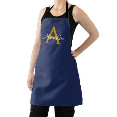 Navy Blue Gold Modern Script Girly Monogram Name Apron