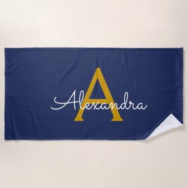 Navy Blue Gold Modern Script Girly Monogram Name Beach Towel