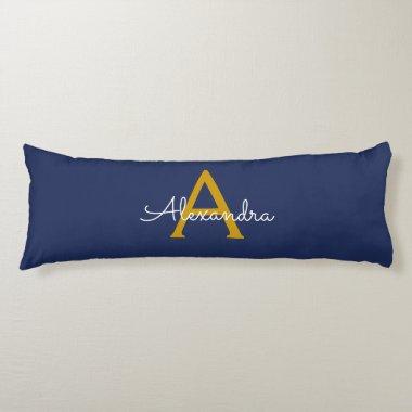 Navy Blue Gold Modern Script Girly Monogram Name Body Pillow