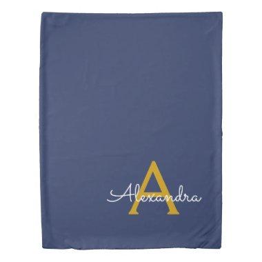 Navy Blue Gold Modern Script Girly Monogram Name Duvet Cover