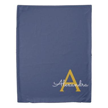 Navy Blue Gold Modern Script Girly Monogram Name Duvet Cover