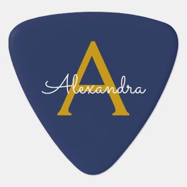 Navy Blue Gold Modern Script Girly Monogram Name Guitar Pick